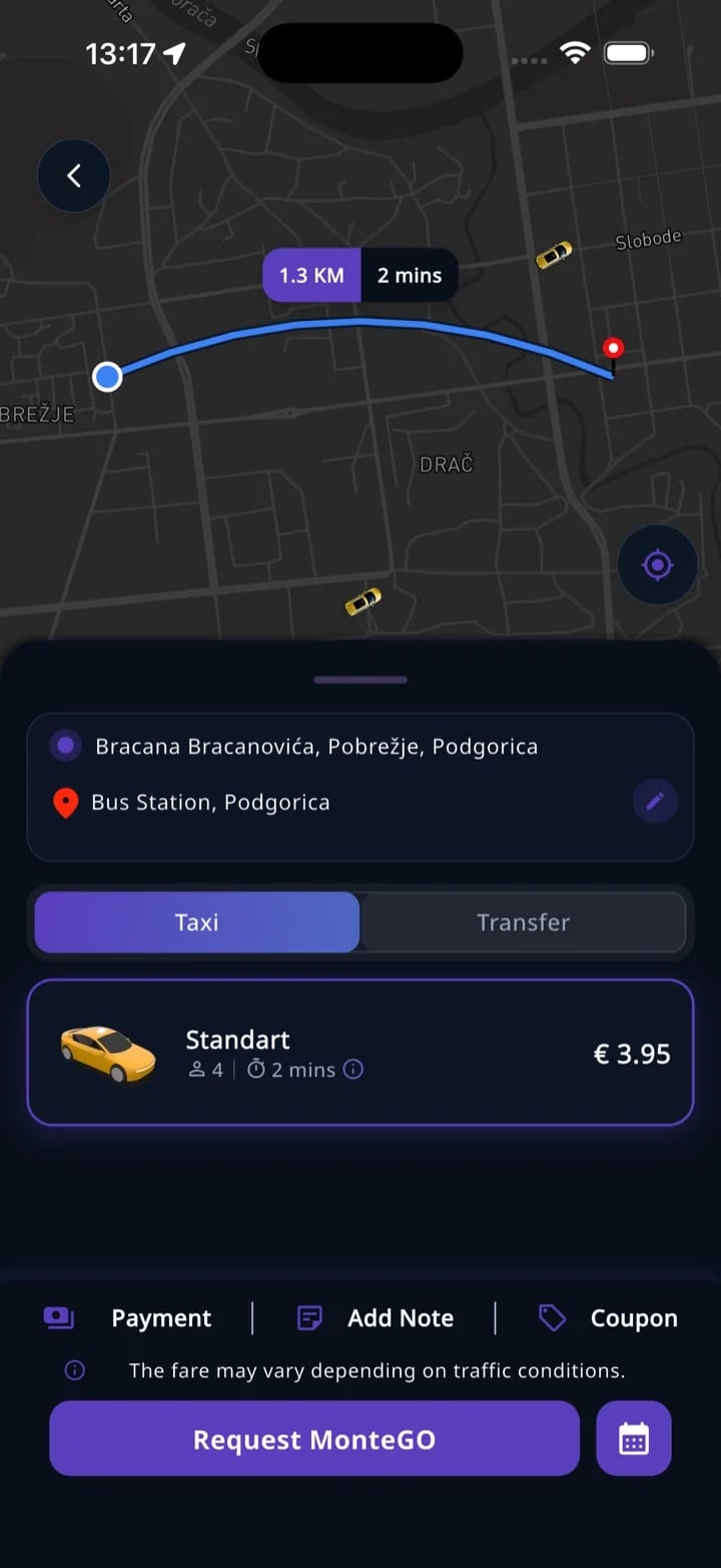 MonteGO taxi booking with upfront fare